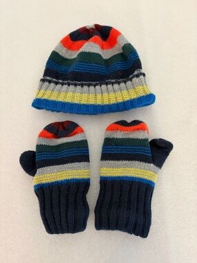 GAP Kids Striped Beanie & Mittens - Navy, Blue, Yellow, Gray, Green, Orange